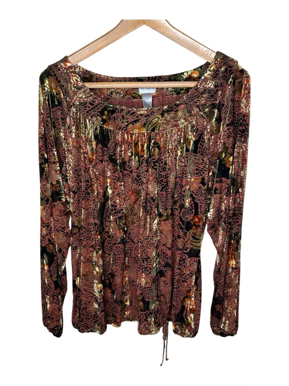 Chico’s Size 3 XL Velvet Burnout Top Drawstring Waist Boho Forest Fairy Fall